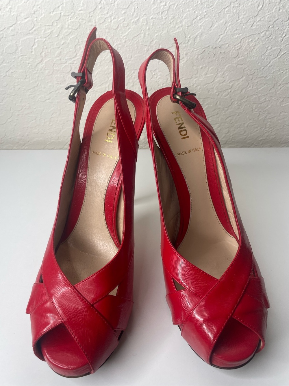 Authentic Fendi Red/ coral Leather Peep-Toe Slingback Heels/ shoes size 38